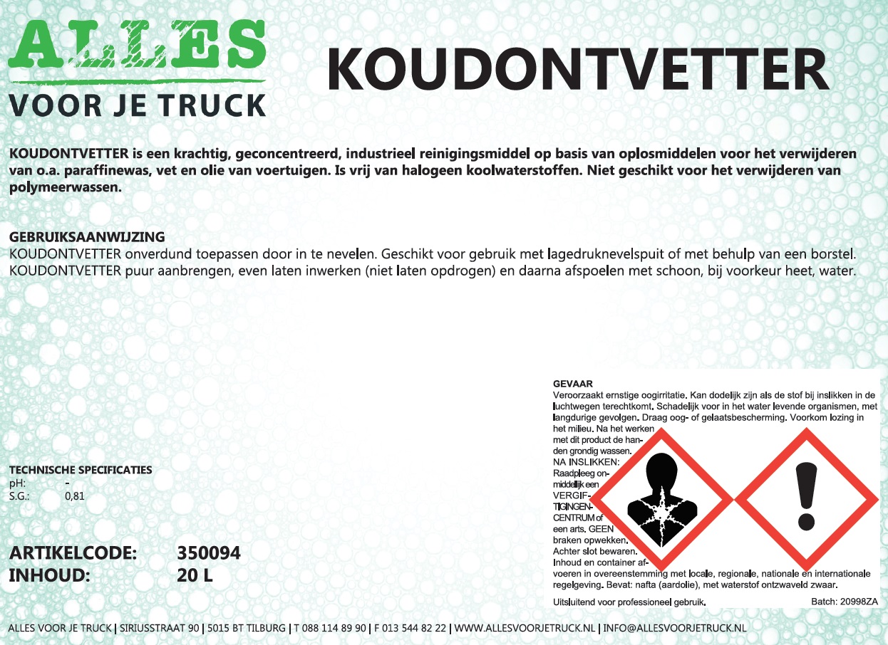 Voertuig ontvettingsmiddel AVJT Koudontvetter, 20 ltr